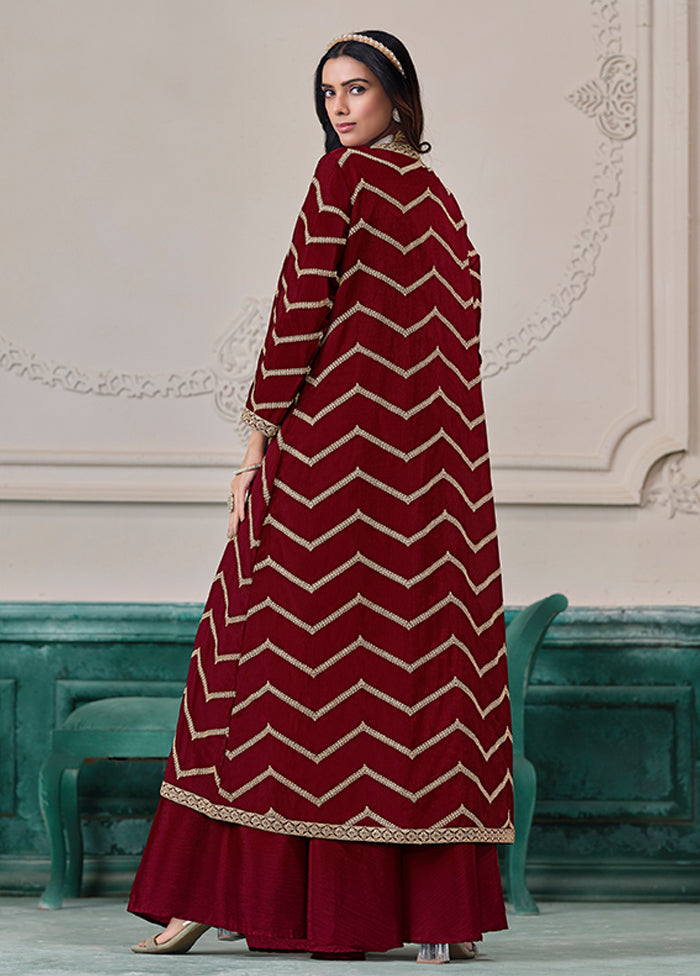 Maroon Woven Work Silk Jacket & Blouse With Plazzo
