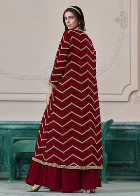 Maroon Woven Work Silk Jacket & Blouse With Plazzo