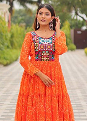 Orange Wovwn Work Georgette Gown