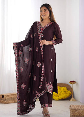 3 Pc Brown Silk Suit Set