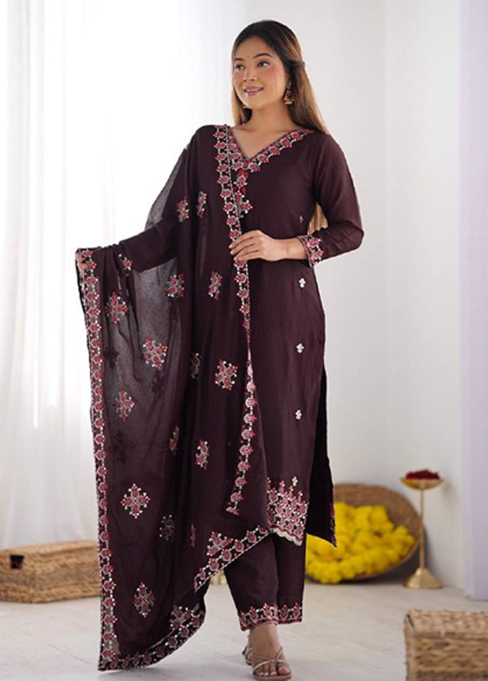 3 Pc Brown Silk Suit Set