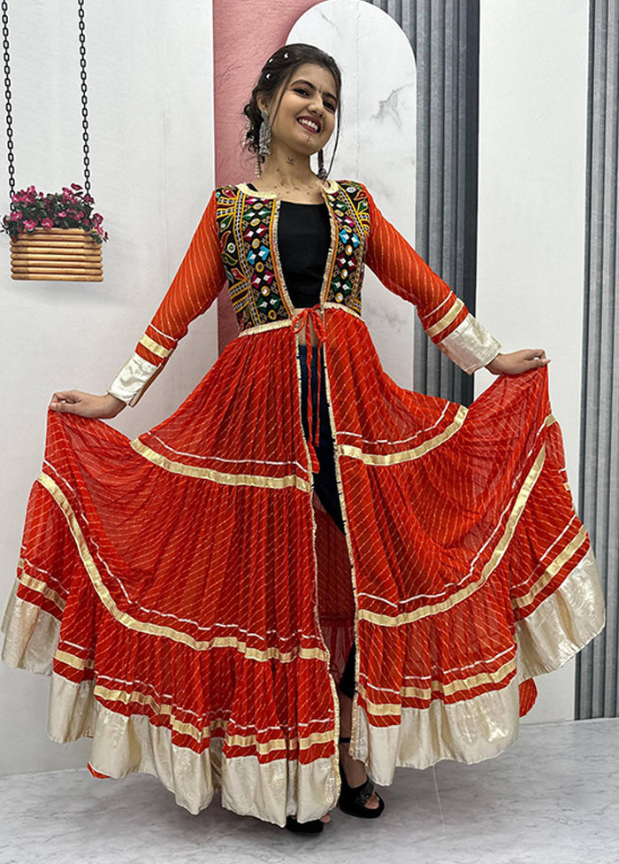 Orange Mirror Work Georgette  Shrung With Top