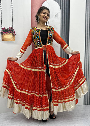 Orange Mirror Work Georgette  Shrung With Top