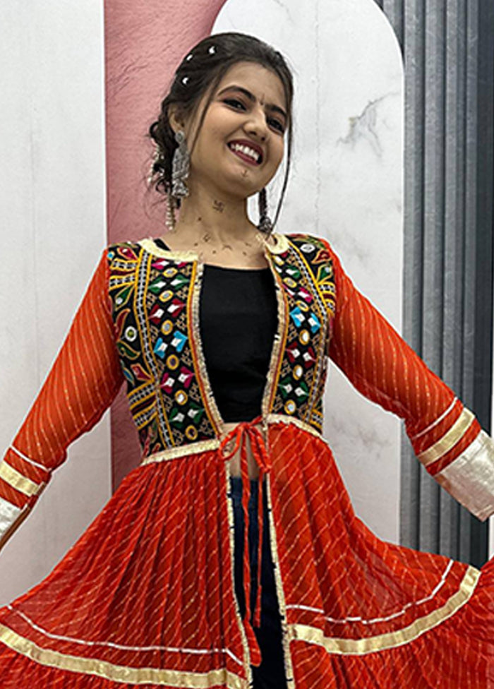 Orange Mirror Work Georgette  Shrung With Top