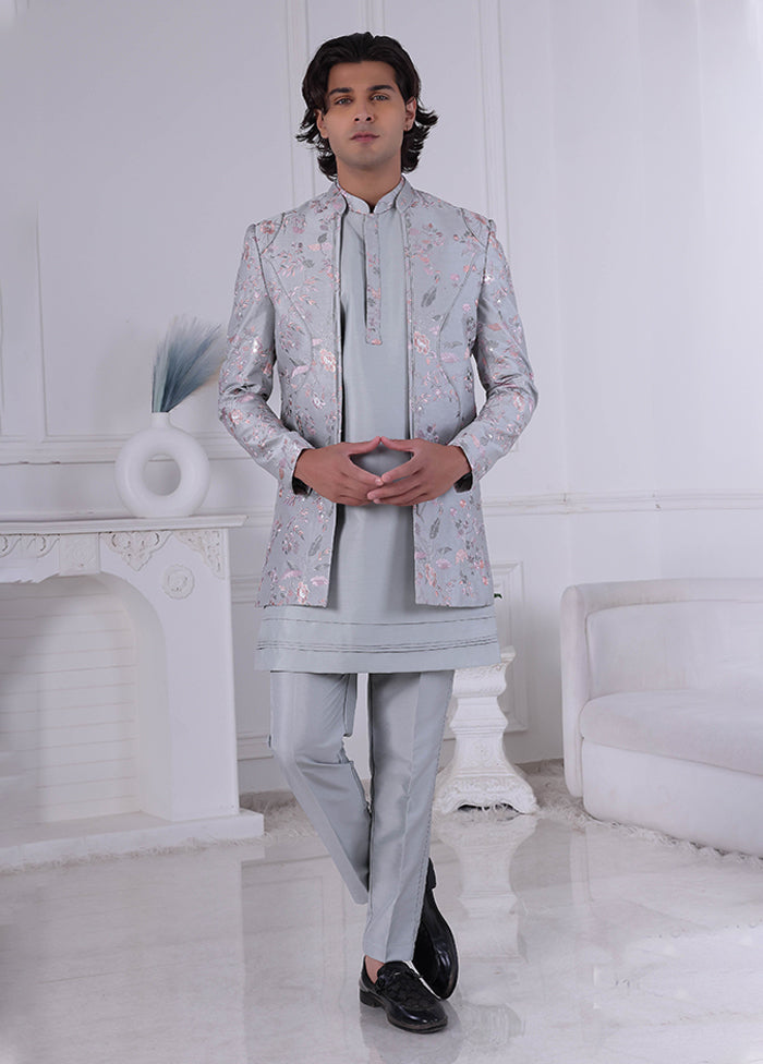 Grey Pure Silk 2 Pc Indo Western Set