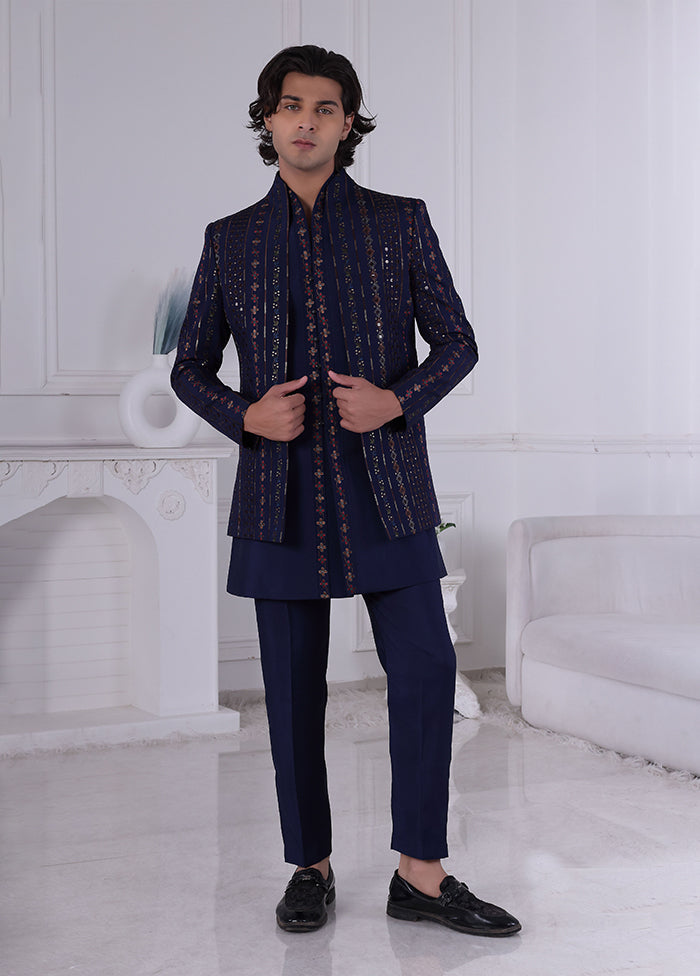 Blue Pure Silk 2 Pc Indo Western Set