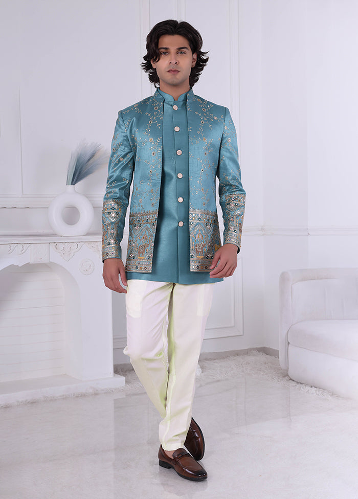 Blue Pure Silk 2 Pc Indo Western Set
