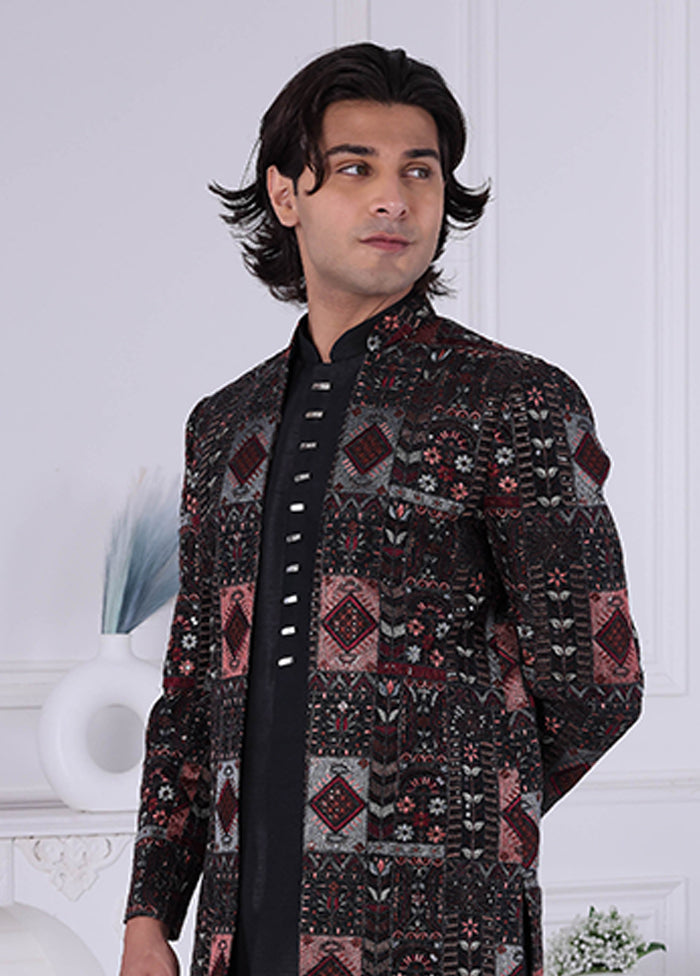 Black Pure Silk 2 Pc Indo Western Set