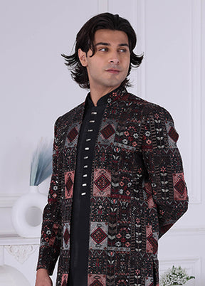 Black Pure Silk 2 Pc Indo Western Set