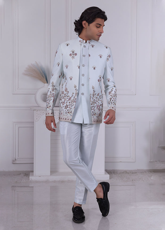 Blue Pure Silk 2 Pc Indo Western Set