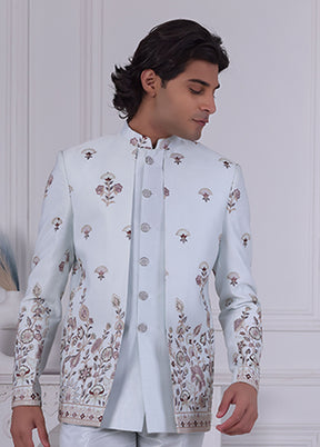 Blue Pure Silk 2 Pc Indo Western Set