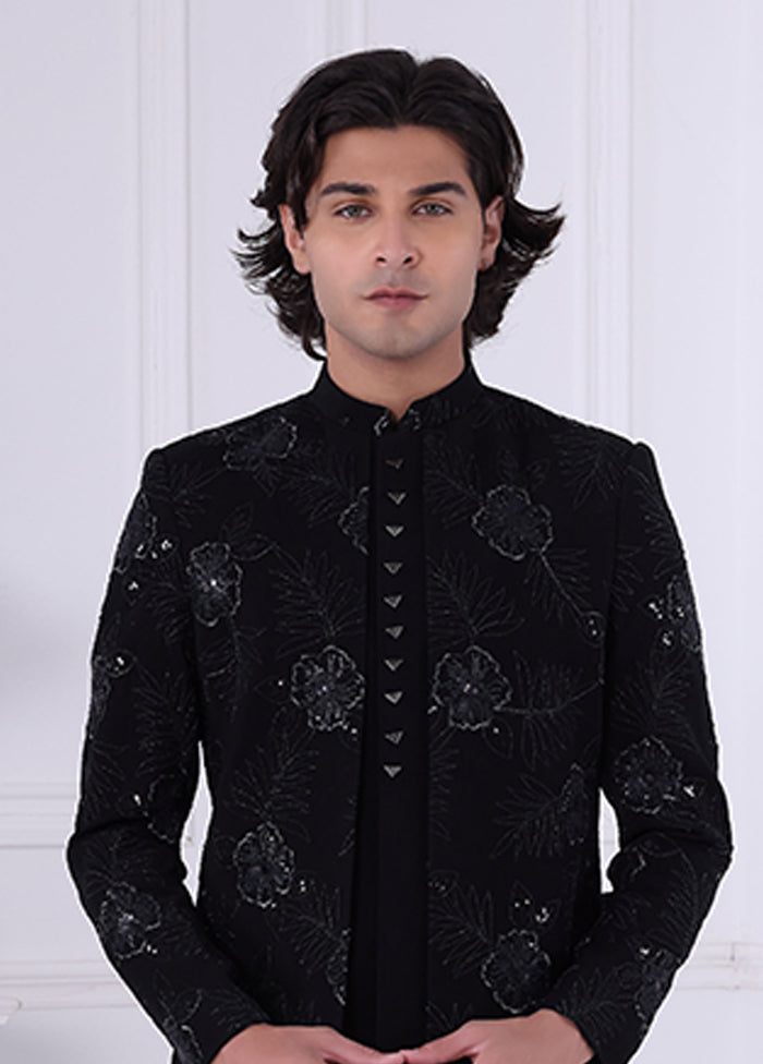 Black Pure Silk 2 Pc Indo Western Set