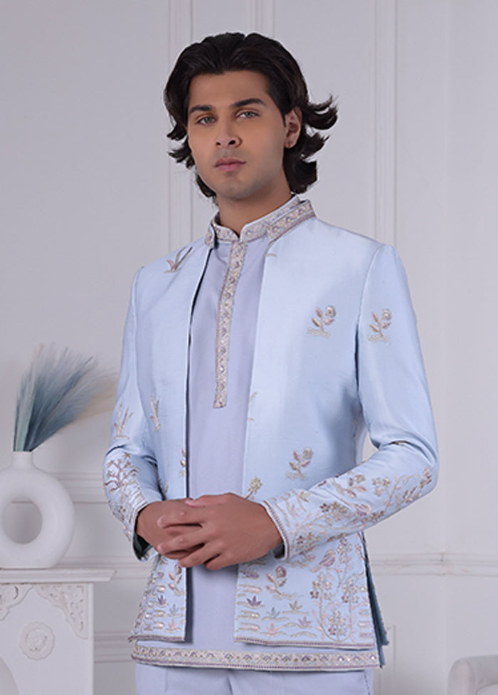 Blue Pure Silk 2 Pc Indo Western Set