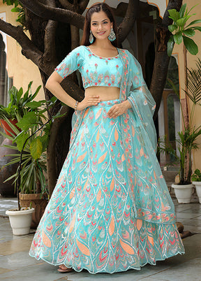 Blue Net Dupatta Lehenga Set