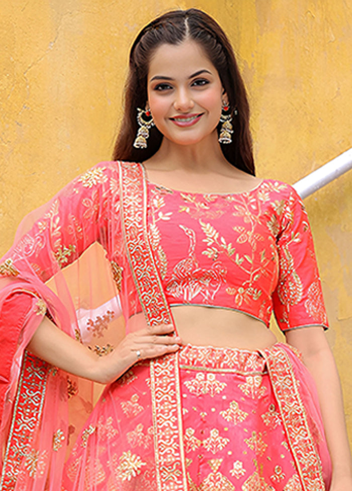Peach Blended Silk Dupatta Lehenga Set