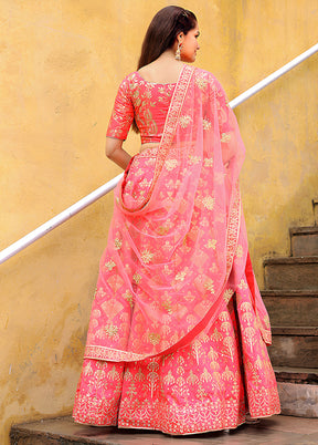 Peach Blended Silk Dupatta Lehenga Set