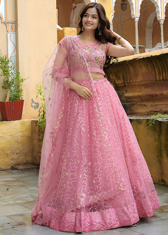 Pink Net Dupatta Lehenga Set