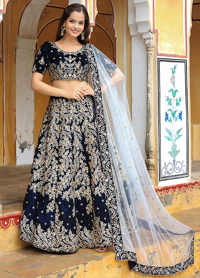 Blue Velvet Dupatta Lehenga Set