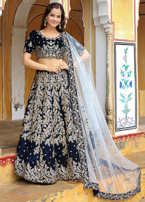 Blue Velvet Dupatta Lehenga Set