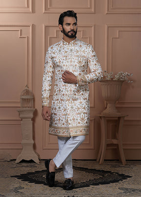 White Pure Silk 2 Pc Indo Western Set