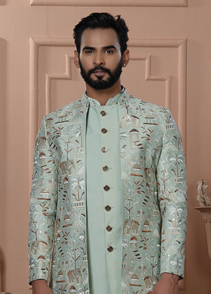 Green Pure Silk 2 Pc Indo Western Set