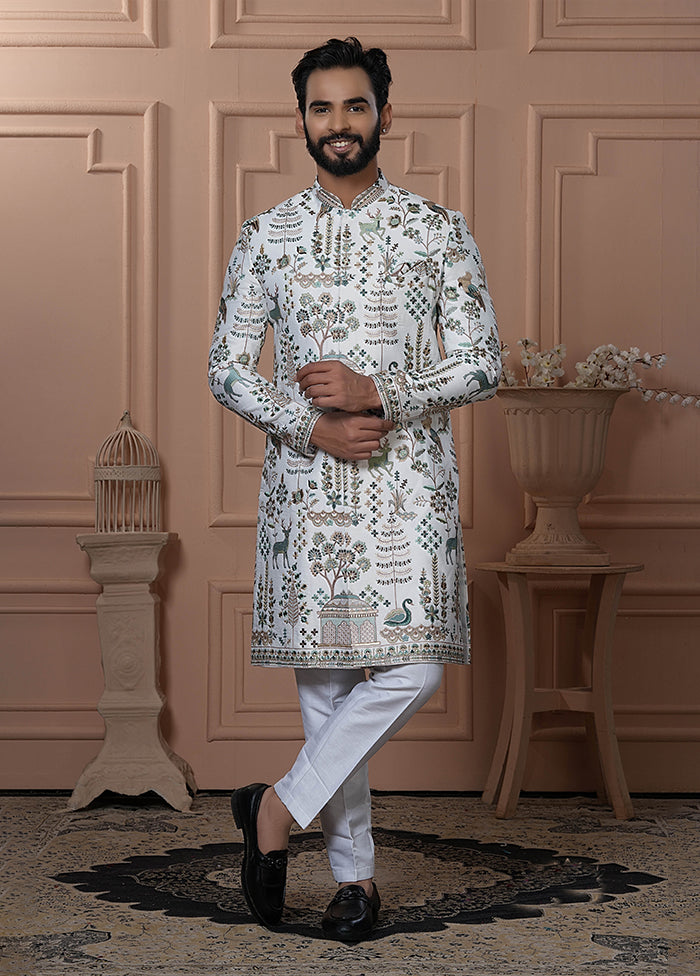 White Pure Silk 2 Pc Indo Western Set