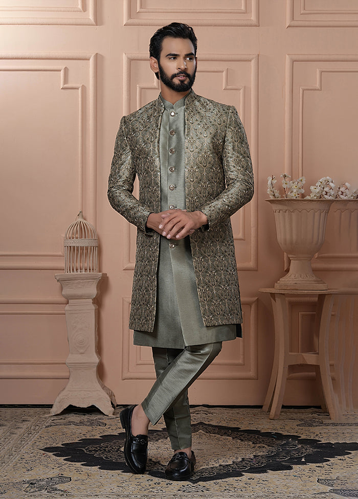 Green Pure Silk 2 Pc Indo Western Set