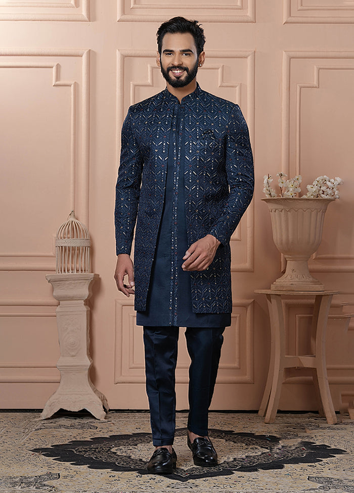 Blue Pure Silk 2 Pc Indo Western Set