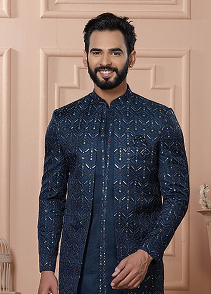 Blue Pure Silk 2 Pc Indo Western Set