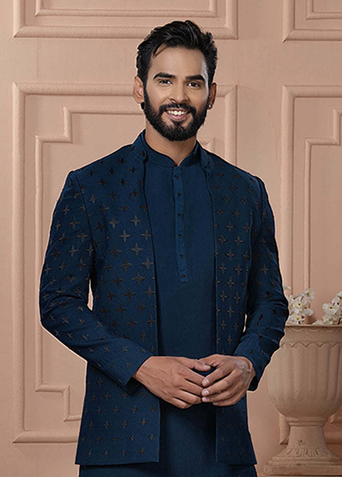 Blue Pure Silk 2 Pc Indo Western Set