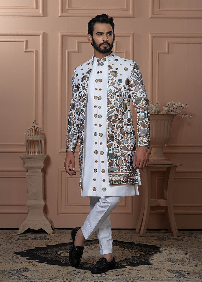 White Pure Silk 2 Pc Indo Western Set