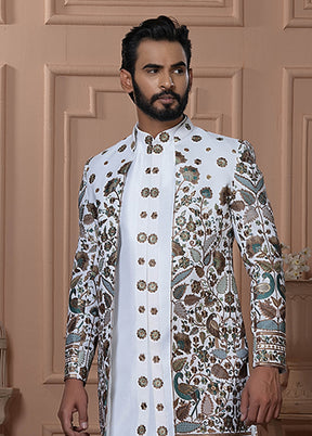 White Pure Silk 2 Pc Indo Western Set