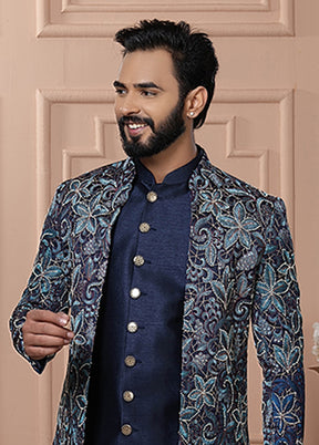 Blue Pure Silk 2 Pc Indo Western Set