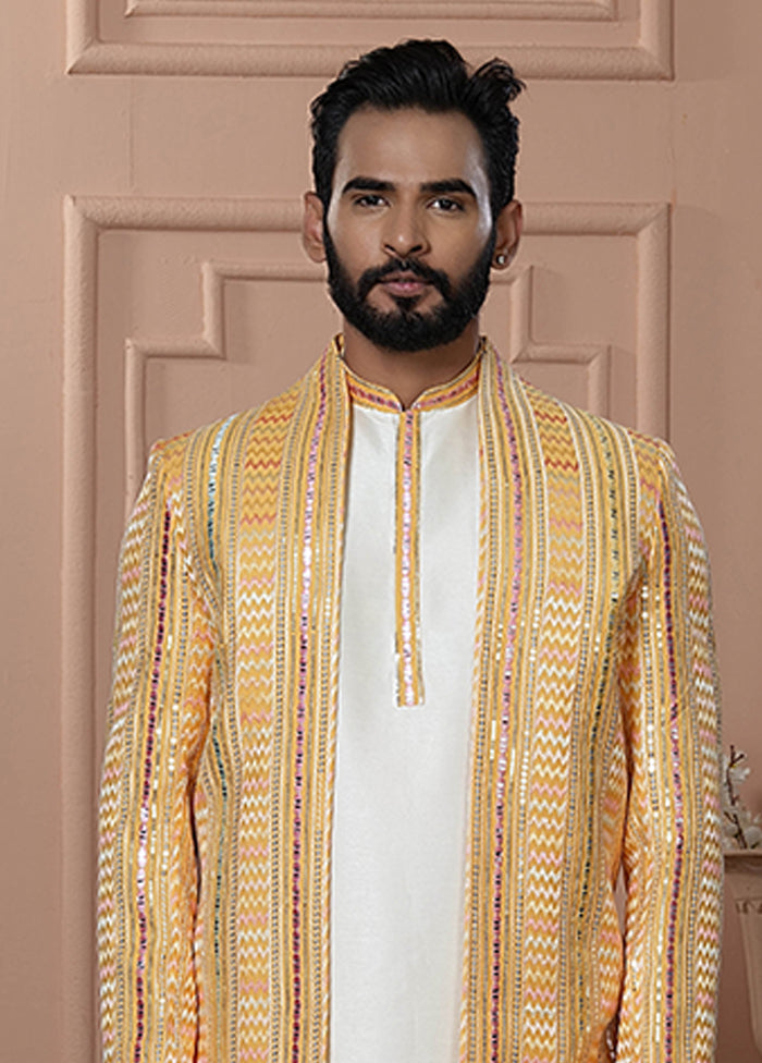 Yellow Pure Silk 2 Pc Indo Western Set