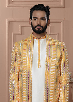 Yellow Pure Silk 2 Pc Indo Western Set