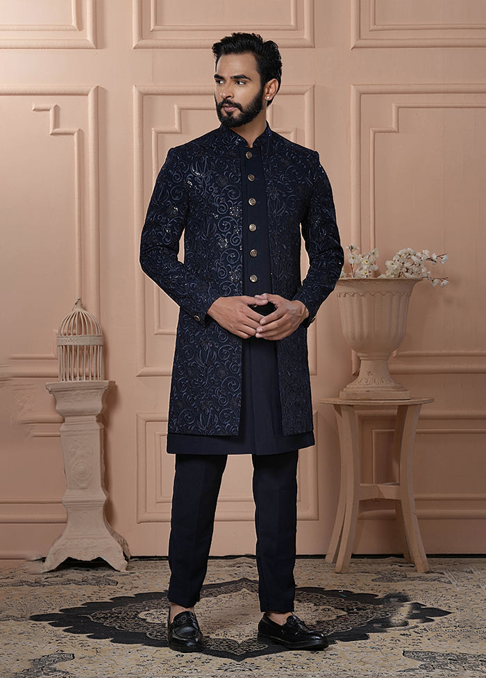 Blue Pure Silk 2 Pc Indo Western Set