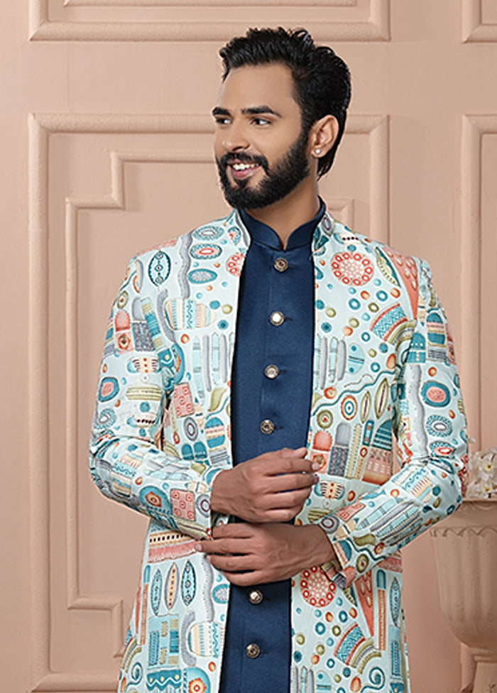 Blue Pure Silk 2 Pc Indo Western Set