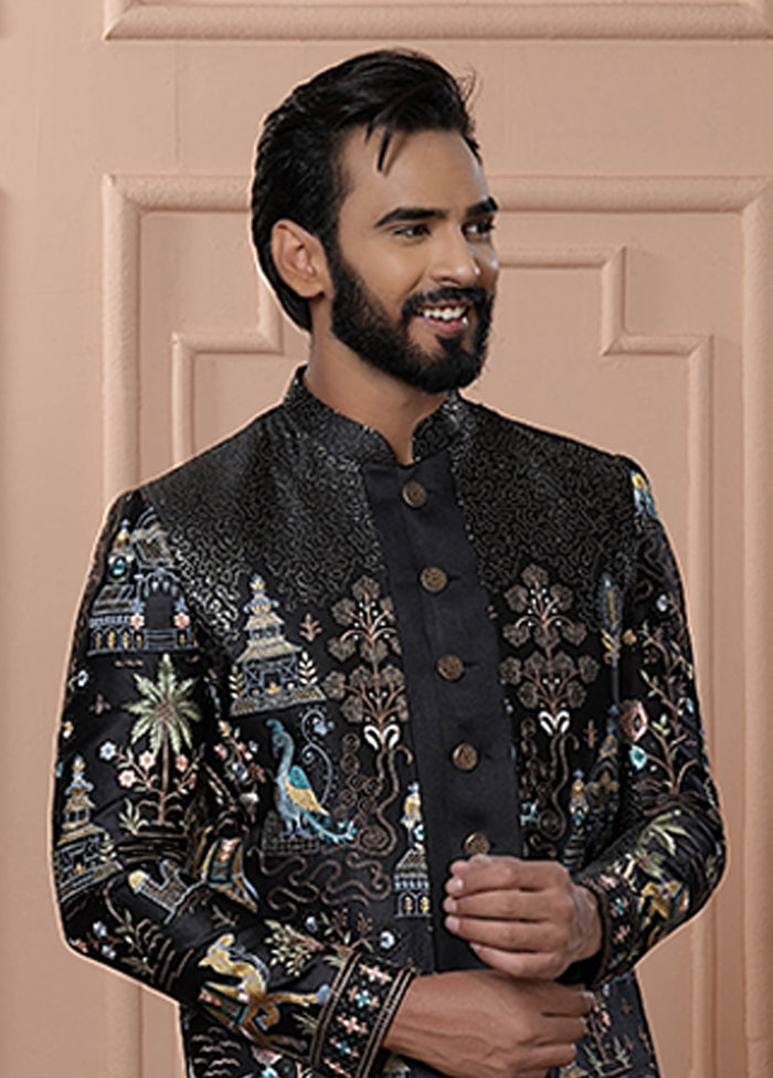 Black Pure Silk 2 Pc Indo Western Set