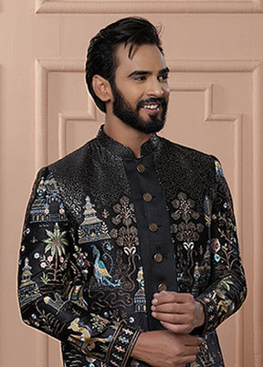 Black Pure Silk 2 Pc Indo Western Set