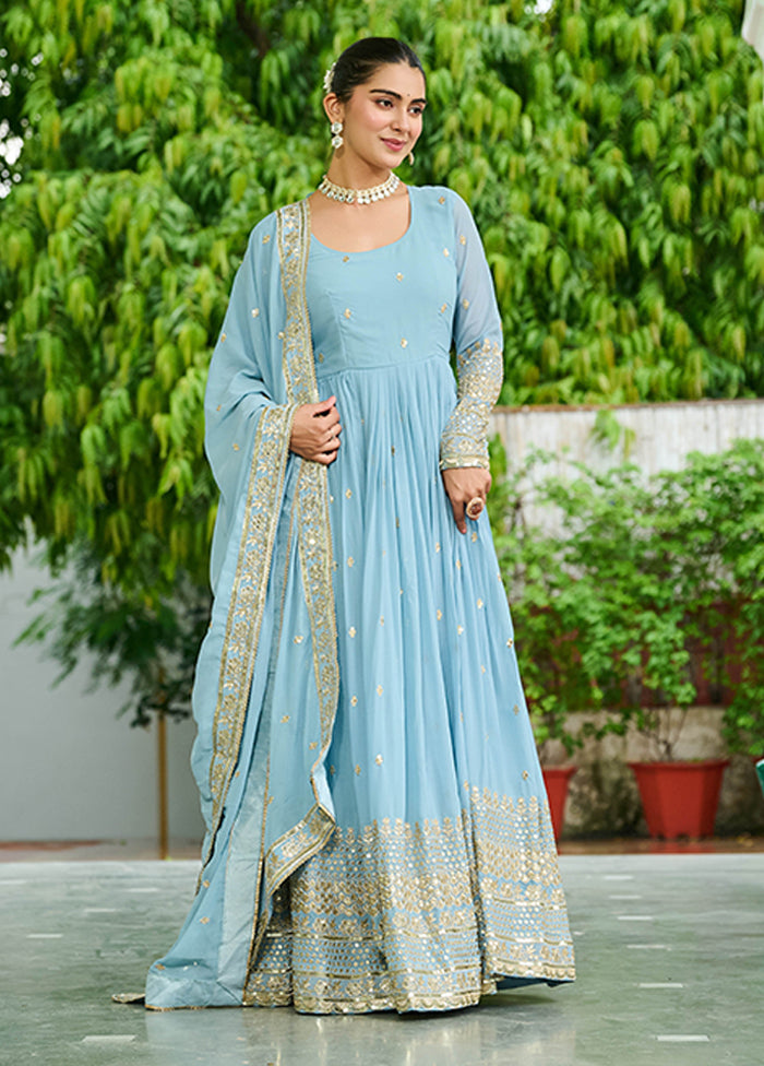 Lavender Embroidery Work Georgette Gown With Dupatta