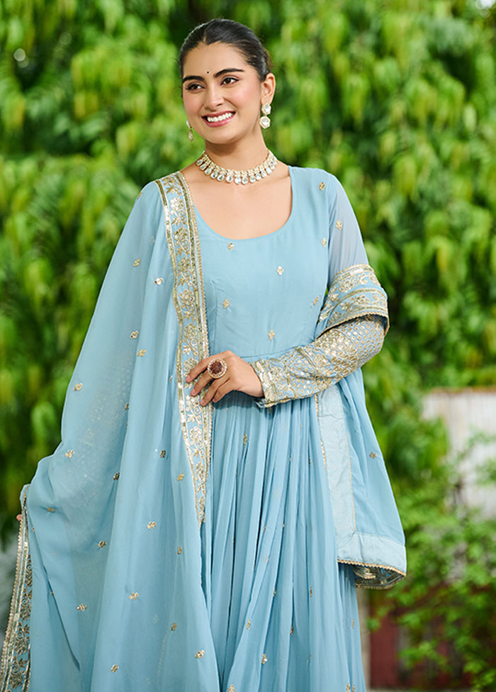 Lavender Embroidery Work Georgette Gown With Dupatta