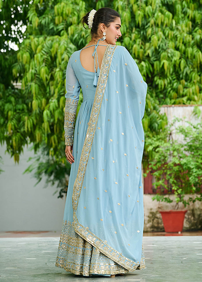 Lavender Embroidery Work Georgette Gown With Dupatta