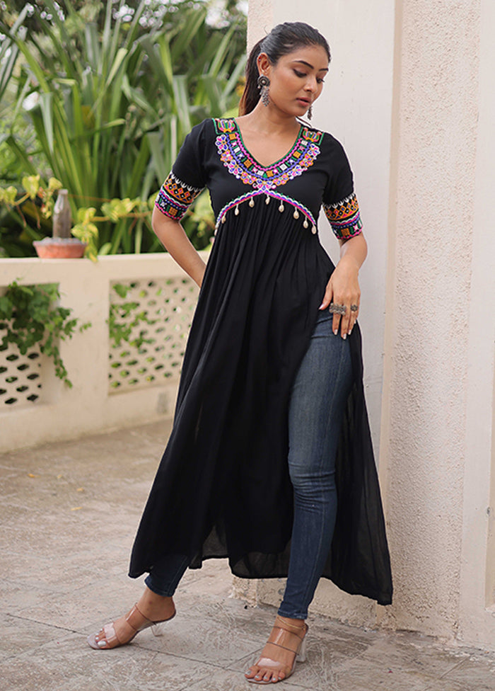 Black Woven Work Silk Kurti