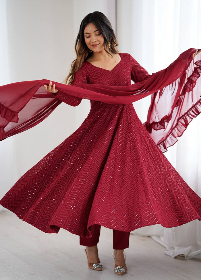 3 Pc Maroon Georgette Suit Set