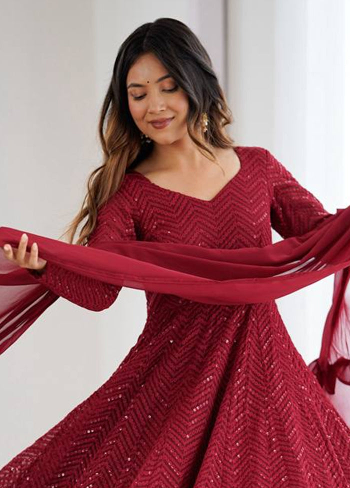 3 Pc Maroon Georgette Suit Set