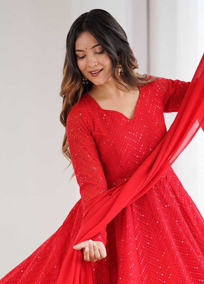 3 Pc Red Georgette Suit Set