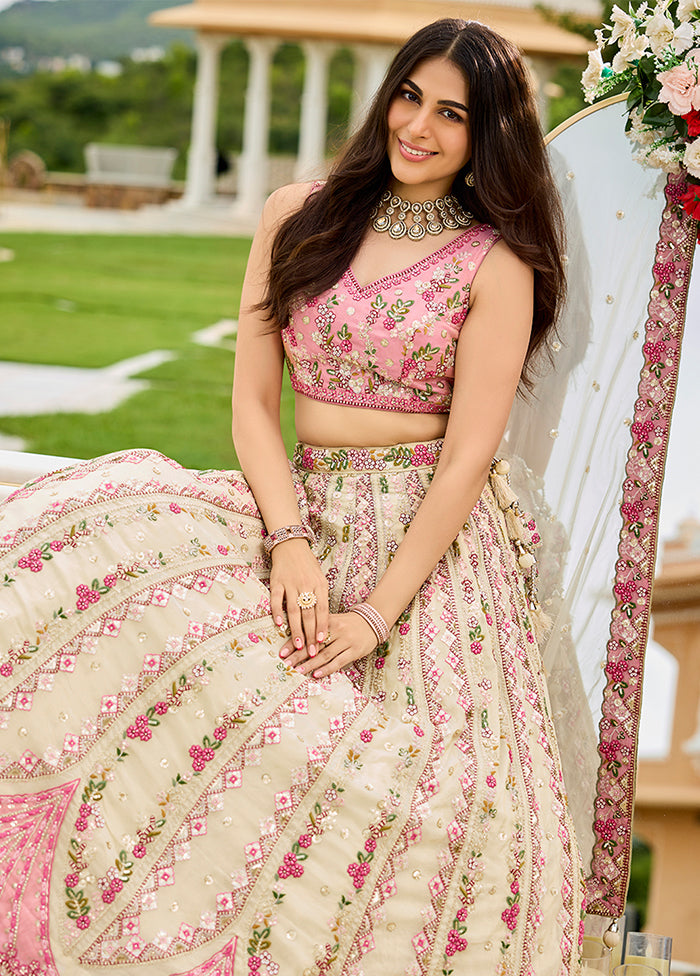 Cream Blended Silk Dupatta Lehenga Set