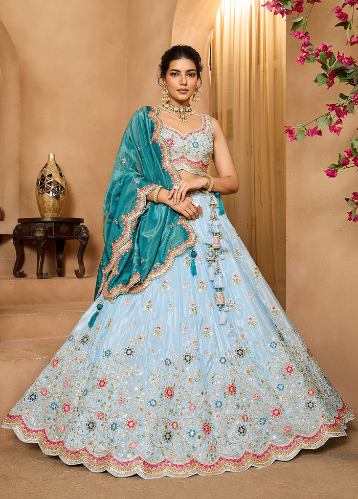 Blue Blended Silk Dupatta Lehenga Set