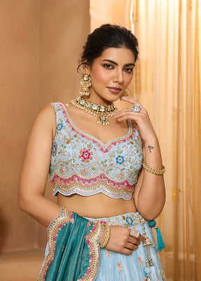 Blue Blended Silk Dupatta Lehenga Set