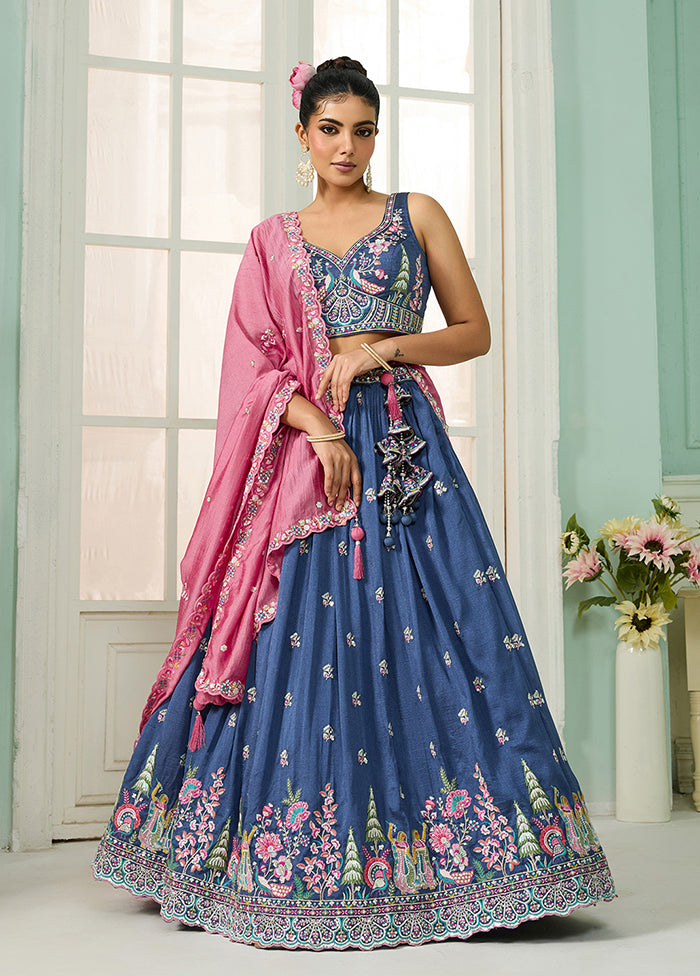 Blue Blended Silk Dupatta Lehenga Set